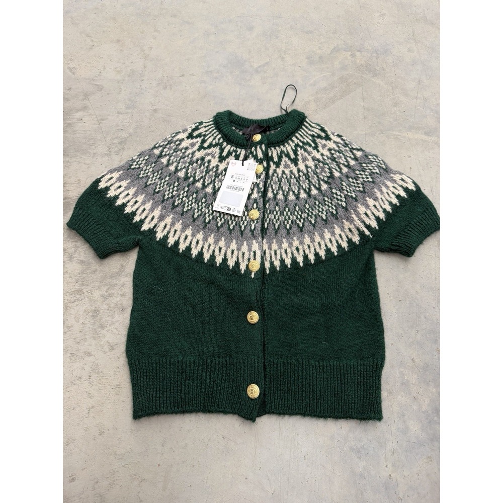 Zara Women's S Green Fair Isle Short Sleeve Cardigan Sweater NWT